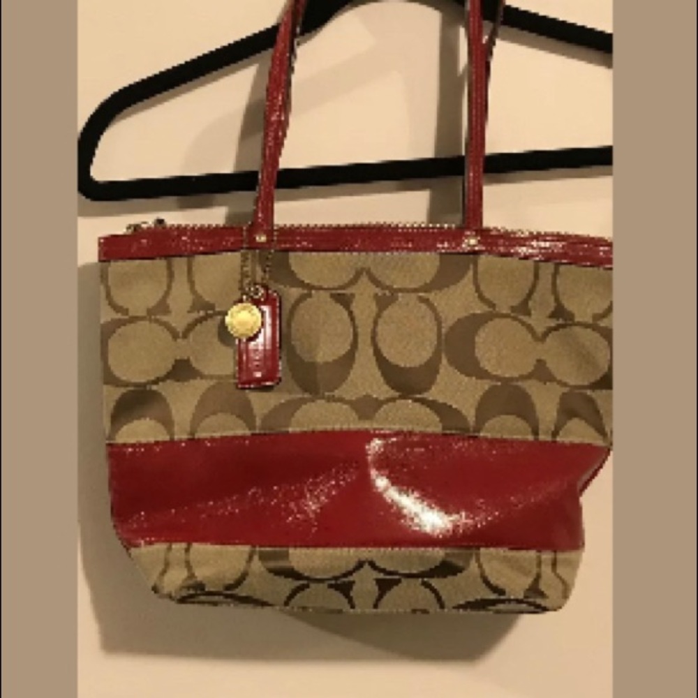 Coach Khaki Signature Stripe Patent Handbag 12459